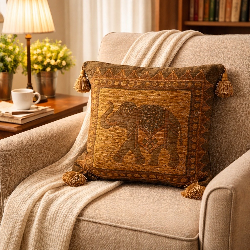 Elephant Tapestry Throw‎ Pillow 14x14 inch Olive Green Bronze Gold Tassels